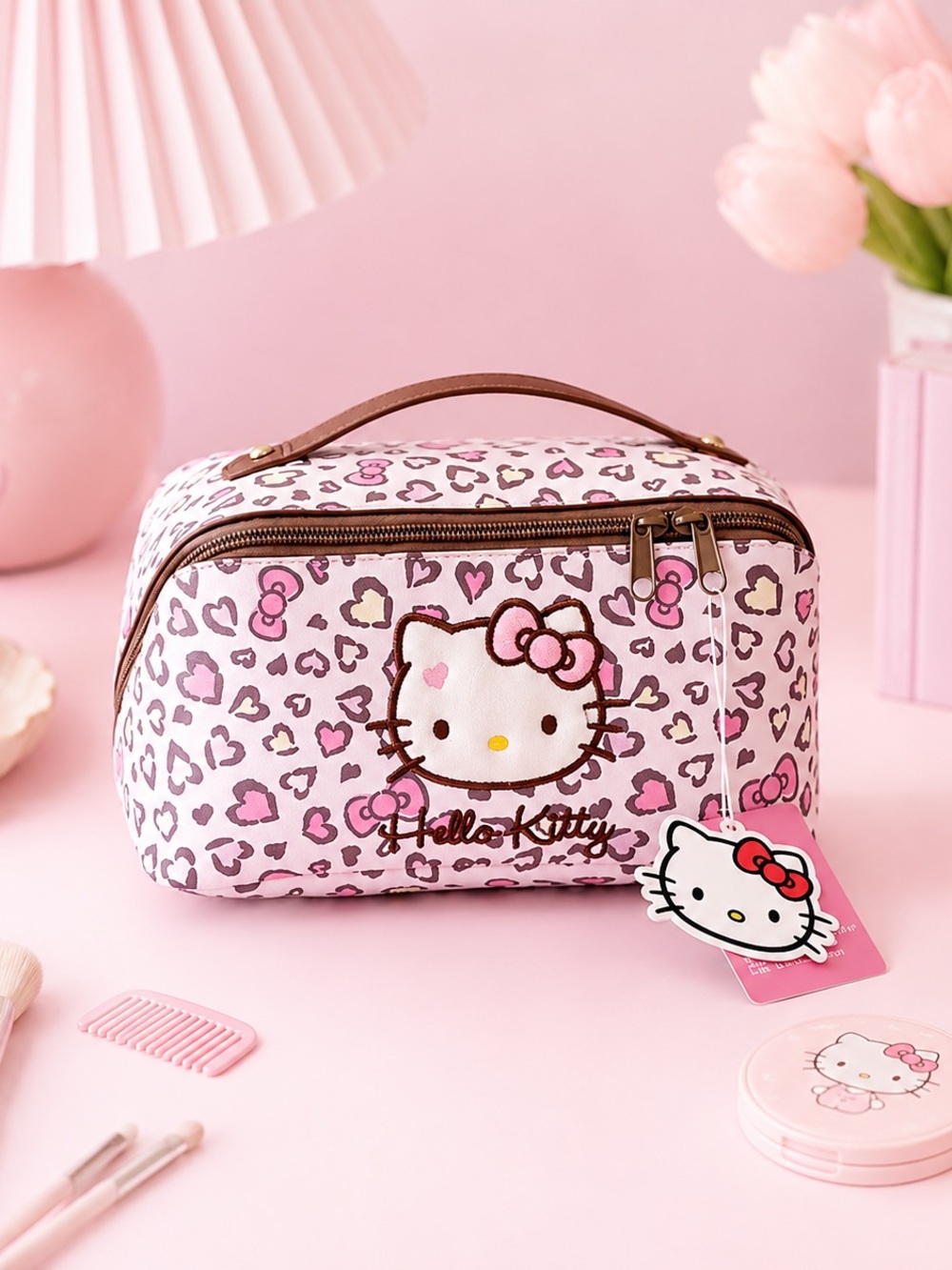 Hello Kitty Pink Leopard Heart Print Cosmetic Case